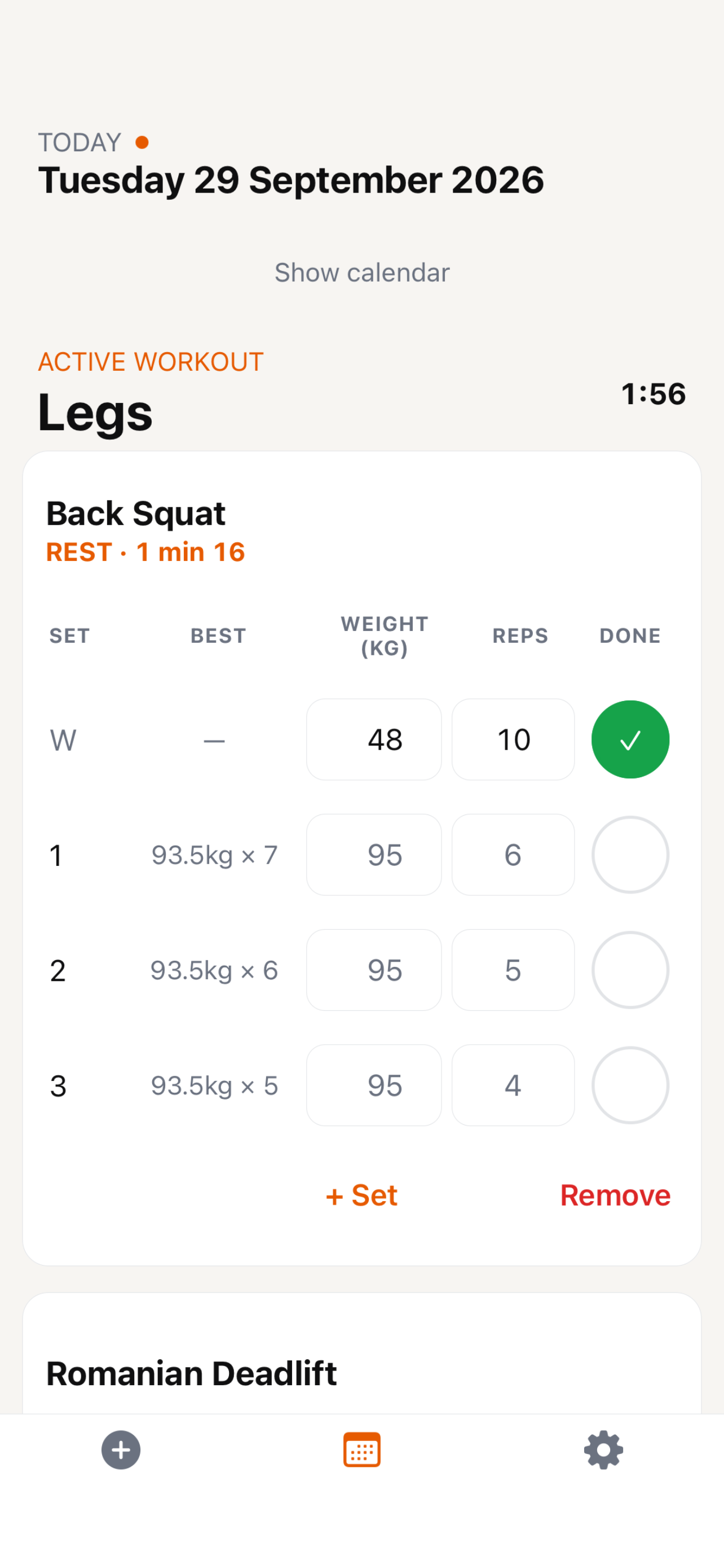 Stacked active workout screen with exercise sets, weights and reps