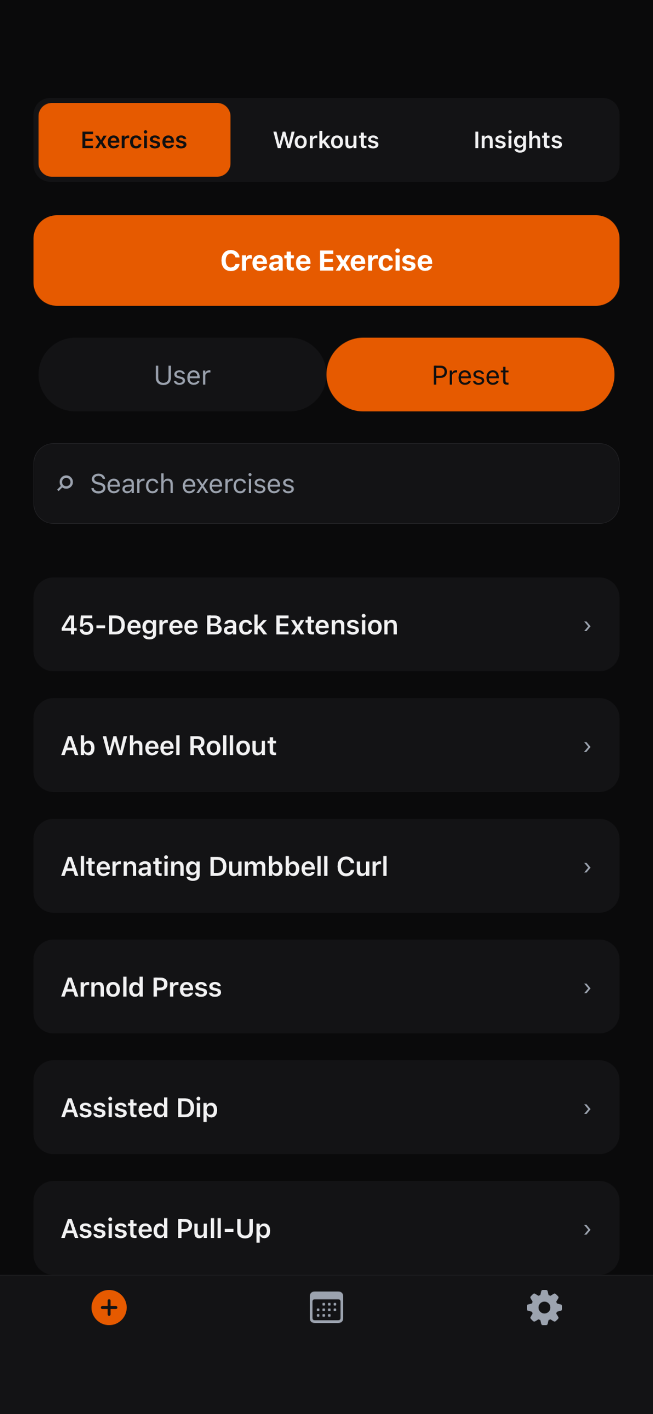 Stacked exercise library with preset and custom exercises